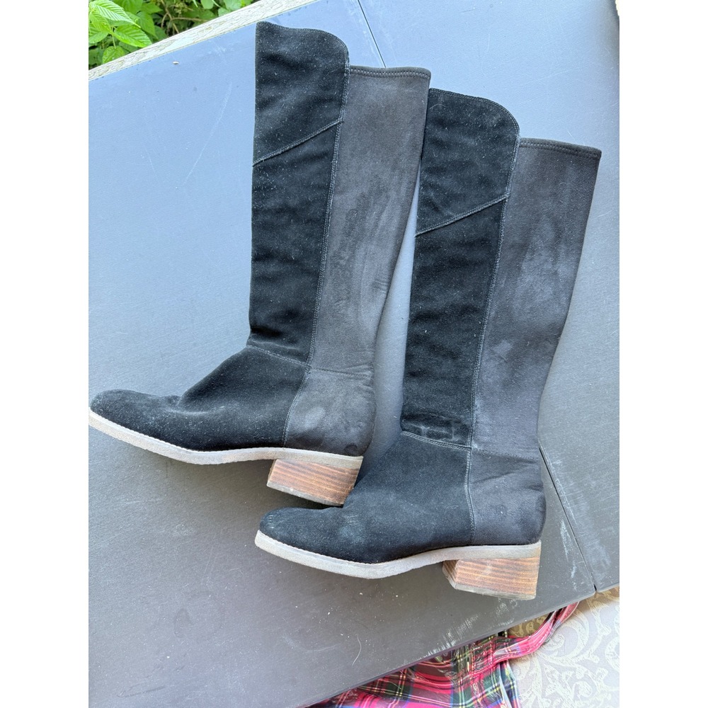 Lucky Brand Black Suede Tall Knee High Boots Wood Heel Womens Pull On